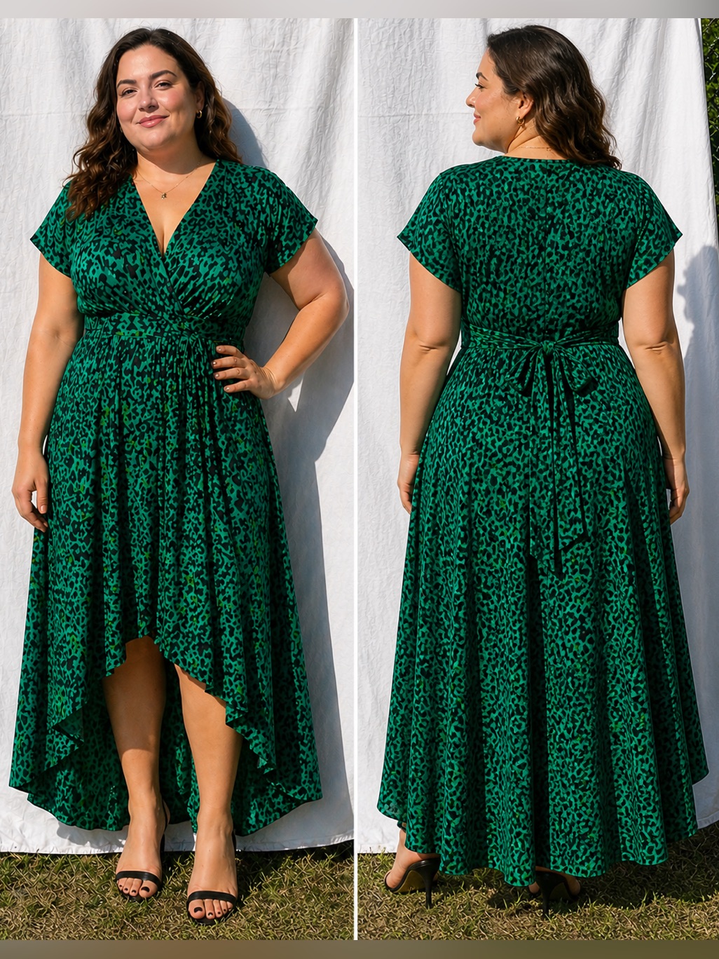 Iman Xl Green Black Leopard Animal Print High Low Maxi Faux Wrap Dress Exotic